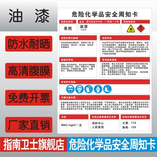 油漆安全周知卡 易燃有毒危险化学品职业危害告知牌 标志牌消防安全