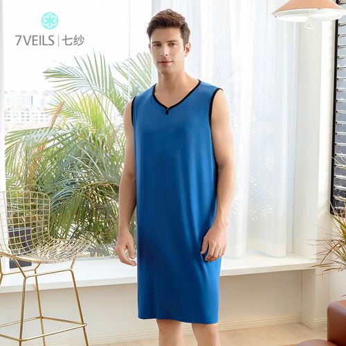 冰丝长款无袖背心男莫代尔棉睡衣宽松加大码男士睡裙睡袍男夏薄款