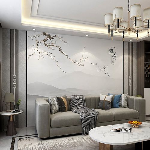 现代新中式禅意手绘山水电视背景墙壁纸壁画墙布沙发