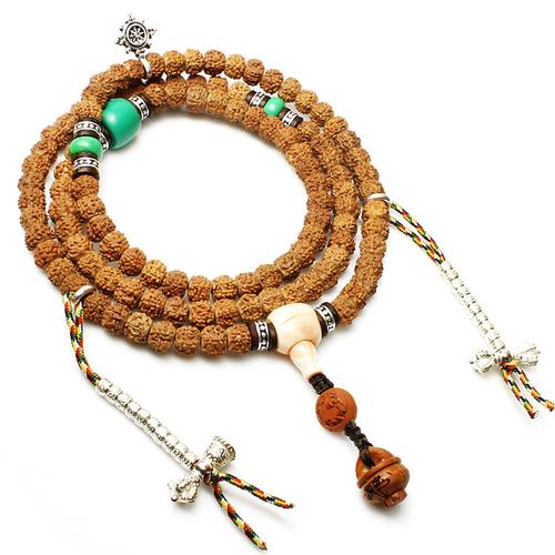 藏式五瓣肉纹小金刚菩提子手配绿松石色桃核桶珠108佛珠念珠手链