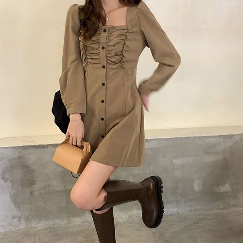 排扣韩系收腰长袖a字西装裙女生气质显瘦连体裙子 卡其色 xl115-125斤