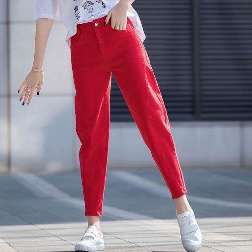 网红老爹裤新款红色裤子休闲牛仔裤女春秋九分哈伦裤女士萝卜裤