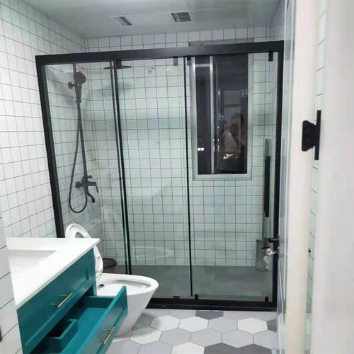 杭州定制一字型三联动黑色不锈钢淋浴房干湿分离浴室隔断移门玻璃