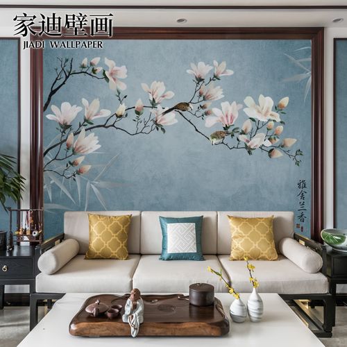 新中式古风玉兰花鸟壁画电视背景墙壁纸客厅卧室墙纸墙布壁布定制