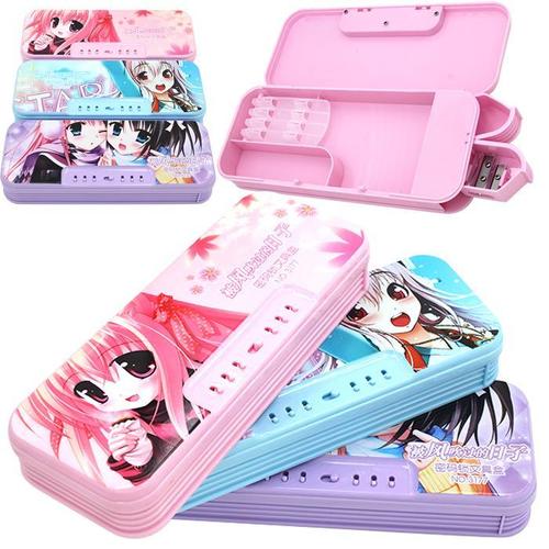 美少女动漫双层密码锁文具盒小学生塑料笔女多功能被风吹过的日子
