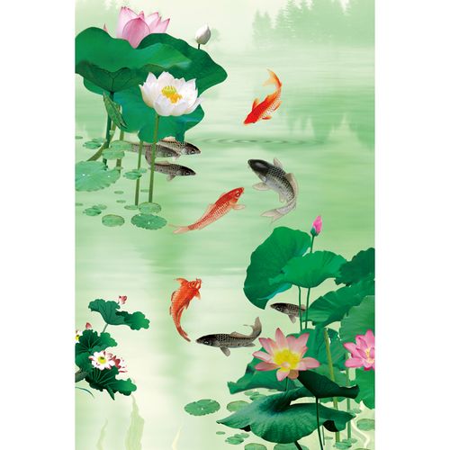 荷花九鱼图装饰画莲花荷叶绿色植物海报客厅玄关门走廊装饰墙贴画