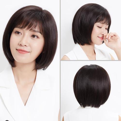 唐妮 假发女短发圆脸bobo头真人发丝直发全头套式中老年整顶假发套 深