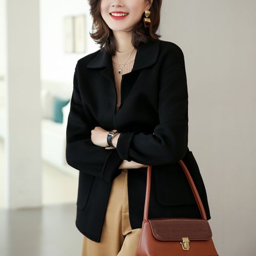 中年女士毛呢双面绒大衣女中款双面羊绒年春秋季黑色高端小个子羊外套