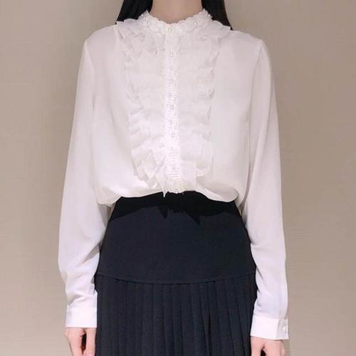 品哥弟新款女装官网2021秋季百搭蕾丝荷叶领上衣花边长袖雪纺衬衫