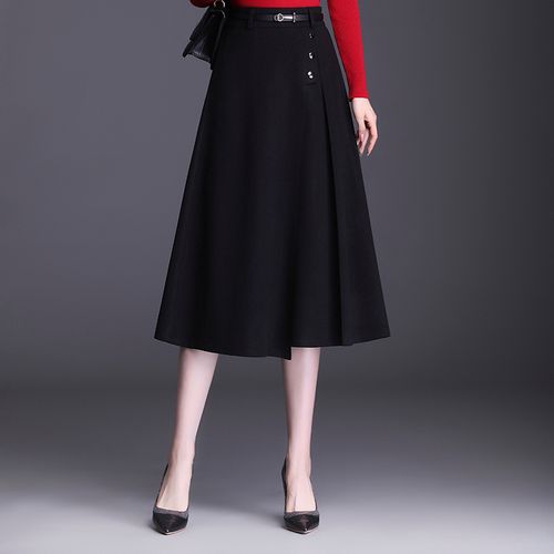 毛呢半身裙女2021秋冬季新款后松紧高腰a字摆裙款式显瘦中长裙子