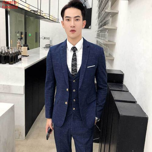 格子男士西装套装商务绅士小西装套装伴郎服新郎服结婚礼服潮男配领带