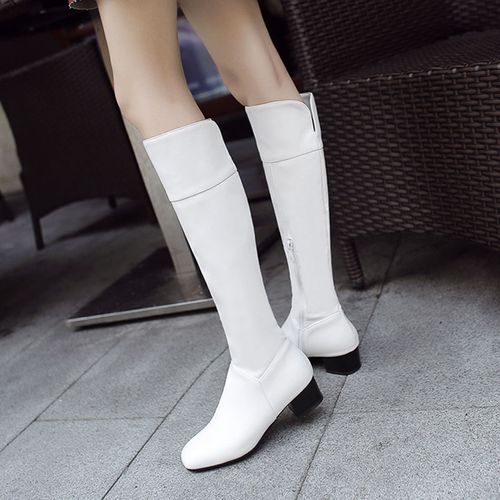 白色中跟高筒靴子女秋冬粗跟方头皮面港风半拉链薄底二棉加绒棉靴