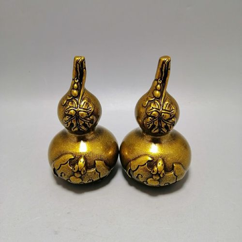 复古包浆黄铜铜葫芦摆件 蝙蝠小葫芦八卦福禄古玩铜器收藏