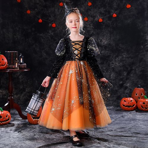 儿童万圣节演出服女童南瓜公主裙礼服角色扮演精灵巫婆服装 图片色