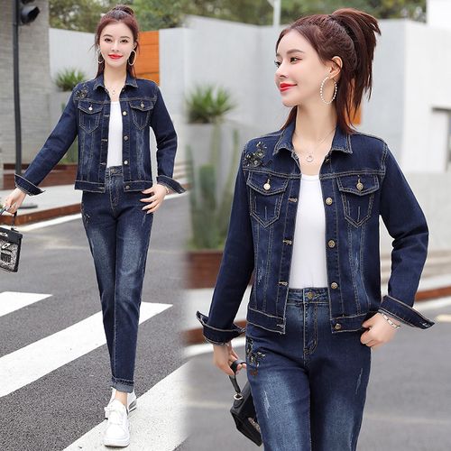 初秋女士短外套2022春秋新款时尚牛仔外套女牛仔裤套装减龄两件套