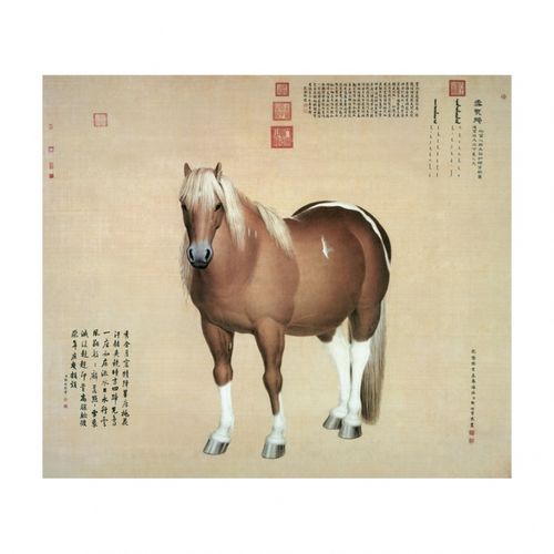 装饰画雪点雕仿古书画镜框画斗方国画马酒店客厅玄关收藏画 郎世宁