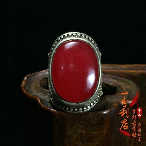 古玩古董收藏清代红宝石双福戒托戒面老银镶嵌开口银戒指足银扳指