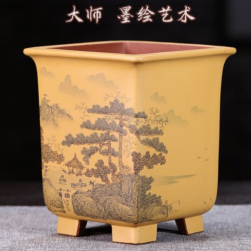 精品紫砂花盆名家手工艺术花盆高档墨绘四方盆古典兰花盆潘涛花盆