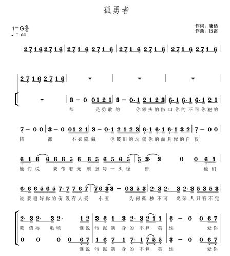 孤勇者 天使童声合唱团 另售合唱简谱钢琴伴奏五线谱