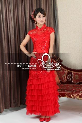 新娘结婚旗袍红色衣服婚礼 礼服敬酒服改良长款旗袍蛋糕定婚长裙
