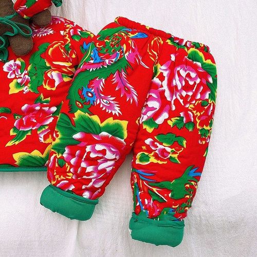 东北花棉袄儿童红色小孩棉花防寒抖音同款复古圆领外穿大花布风土