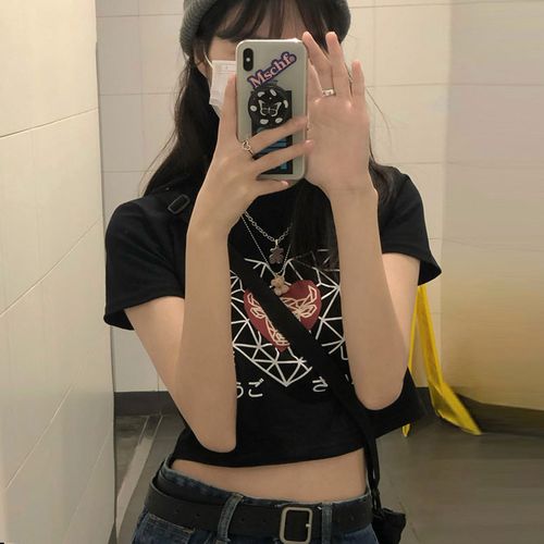 欧美高街短款短袖t恤女修身韩版ins潮原宿风辣妹高腰