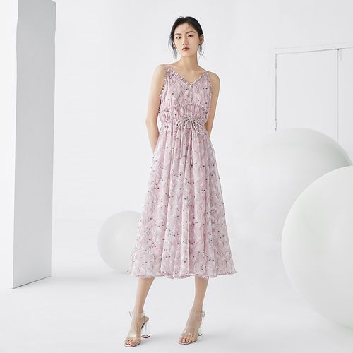 谷邦旗舰店2022年夏季新款碎花吊带连衣裙女高腰修身仙女裙a字裙