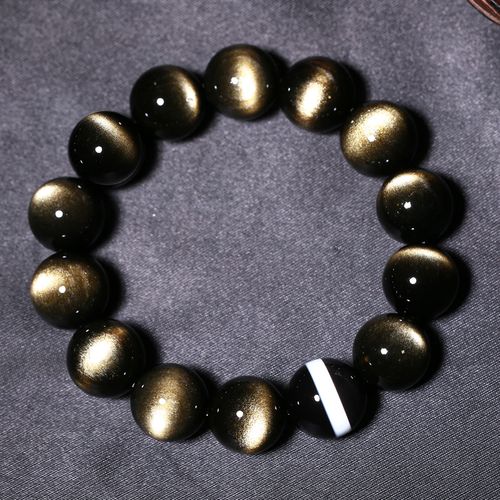 猫眼 天然金曜石手链 黑曜石至尊男款16mm一线药师玛瑙天眼手串
