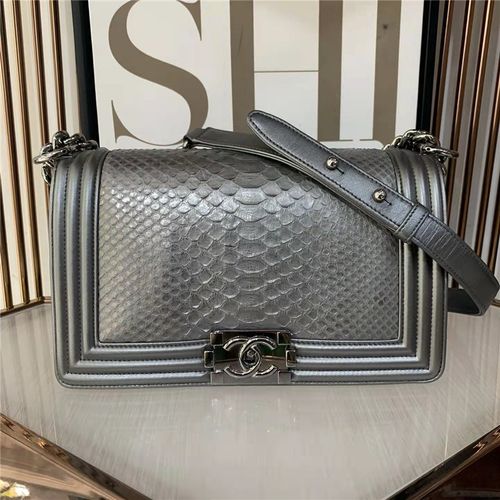 【二手95新】chanel/香奈儿稀有皮革蛇皮leboy 金属银色蛇皮中号银链