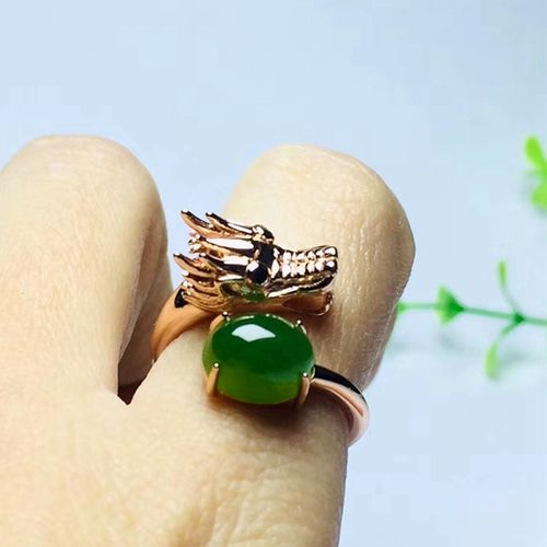 和田玉戒指925纯银镶生肖龙银戒指和田玉碧玉裸石戒面