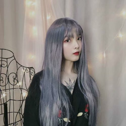 抖音主播同款假发女蓝灰色长直发空气刘海彩色发套