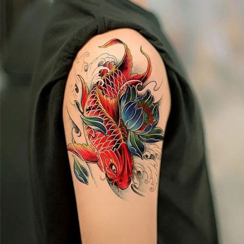 锦鲤纹身贴彩色鲤鱼纹身贴花臂防水男女花腿手臂仿真刺青纹身贴纸荷花