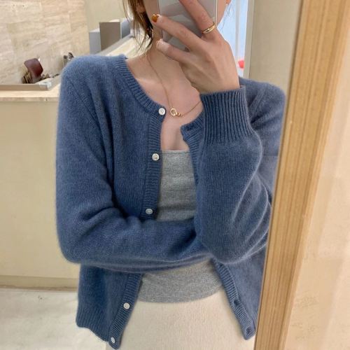 浣熊绒蓝色针织开衫女士2021早秋新款法式小香风温柔短款毛衣外套