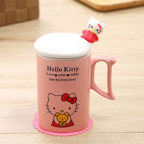凯蒂猫哆啦a梦陶瓷杯子卡通陶瓷水杯带盖勺情侣杯办公室简约水杯 kt猫
