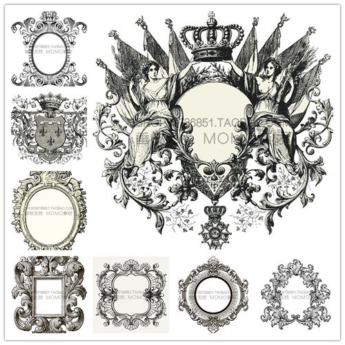 a3145矢量复古巴洛克风格线稿边框镜框纹章花纹图案 ai设计素材