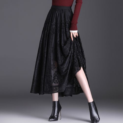 丝绒网纱半身裙女秋冬款大摆裙中长款新款蕾丝百褶裙长裙 黑色(裙长85