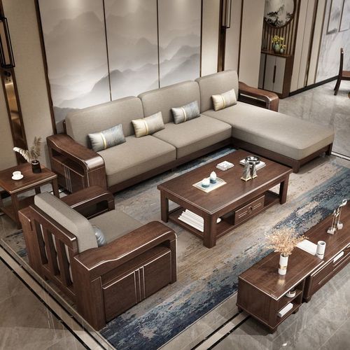 胡桃木实木沙发客厅组合大小户型现代新中式转角布艺沙发套装家具