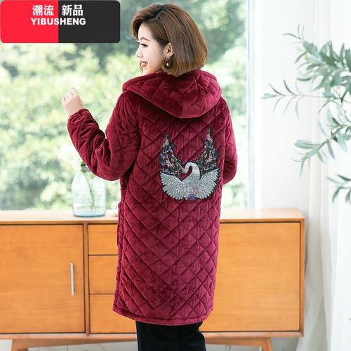 yibusheng妈妈加绒保暖棉衣秋冬季加厚加长款长袖棉服连帽女罩衣工作