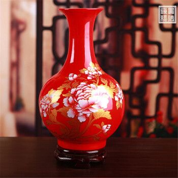 景德镇市中国红陶瓷花瓶,摆件工艺品,中国红金牡丹赏瓶,石榴瓶 红色