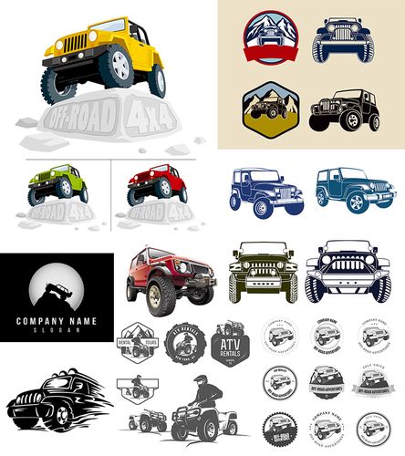 多款越野车图标ai矢量素材 卡通越野车标签 剪影元素 设计素材