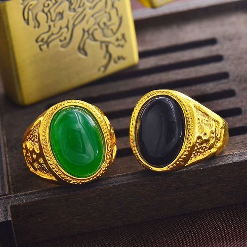 土豪金镶马来玉黑红玛瑙戒指黄金首饰品欧币24k霸王金不掉色