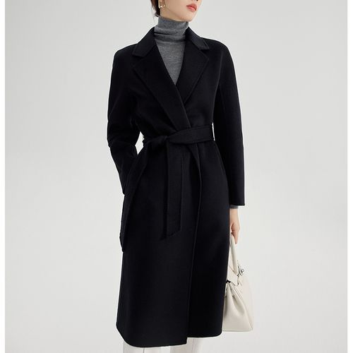 2021秋冬新款藏青色纯羊绒大衣女双面中长款羊绒修身显瘦系带外套