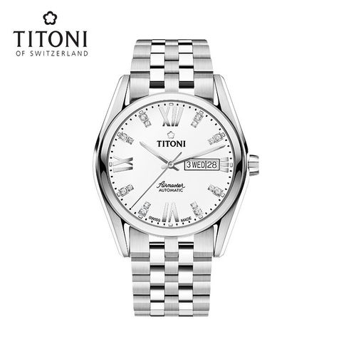 titoni瑞士梅花表男自动机械手表空中霸王系列罗马表钢带93709s-385