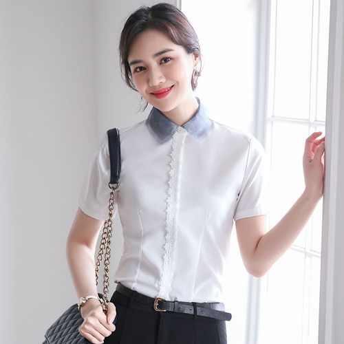 短袖衬衫女2020夏季新款气质修身白色撞色领上衣正装职业ol工作服