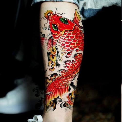 招财大锦鲤小腿 图腾 男女防水纹身贴 彩色鲤鱼 持久逼真花臂贴纸