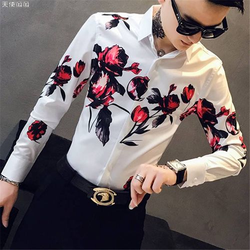 很仙的衬衫男长袖韩版潮流印花修身衬衣发型师夏季2021新款花上衣