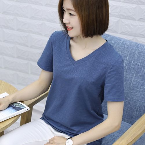 鸡心领t恤女短袖v领全棉宽松竹节棉半袖妈妈夏装纯色纯棉丅恤小衫