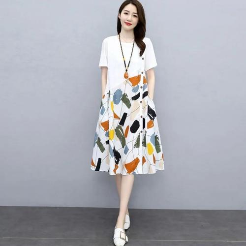 棉麻连衣裙女2022年新款夏季大码女装韩版宽松显瘦文艺范印花亚麻