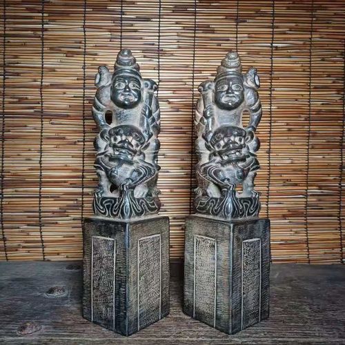 青石仿古雕刻胡人训狮拴马桩辈辈封侯居家案头摆件古董文玩收藏