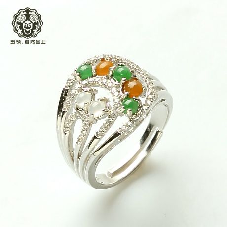 正品玉领翡翠戒指女款s925银镶特色群镶月牙玉戒指j djz301